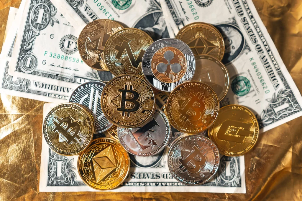 Stacked golden Bitcoin coins symbolizing cryptocurrency, blockchain technology, and investments.