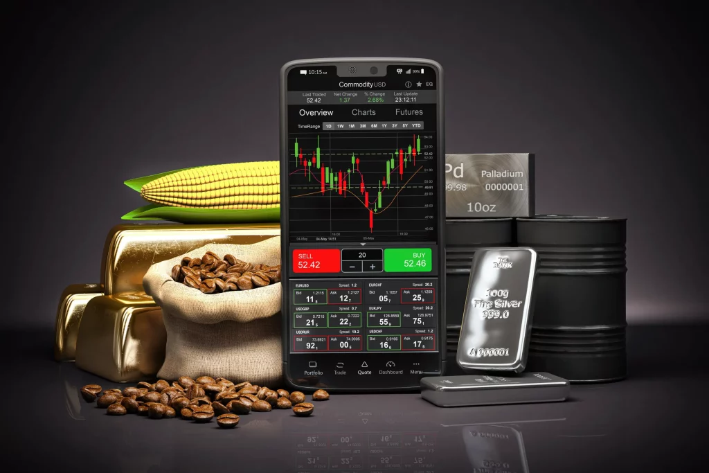 Smartphone displaying stock exchange app with gold bars and commodities in the background.